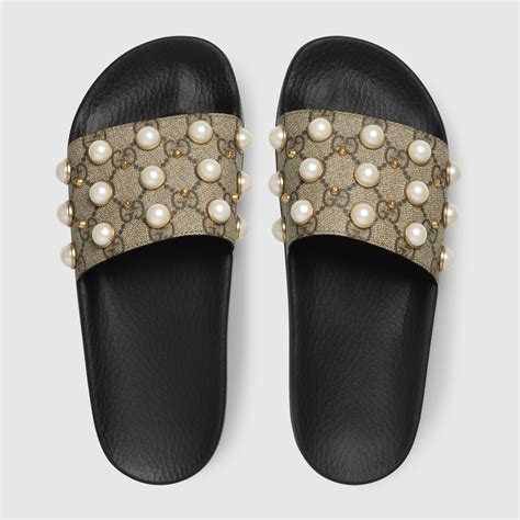 gucci canvas slides cheap|gucci embellished slides.